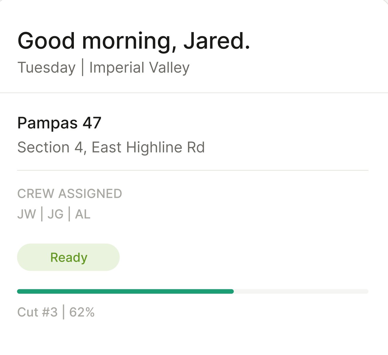 Fieldr dashboard preview — Good morning Jared, with active field card showing Pampas 47 in harvesting status
