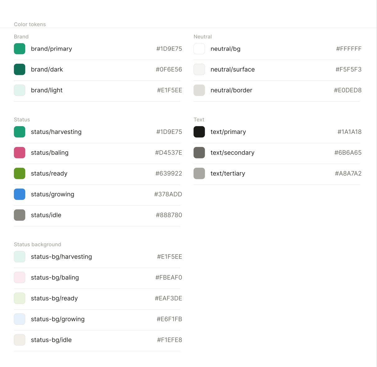 Fieldr color tokens — brand, status, status backgrounds, neutral and text groups