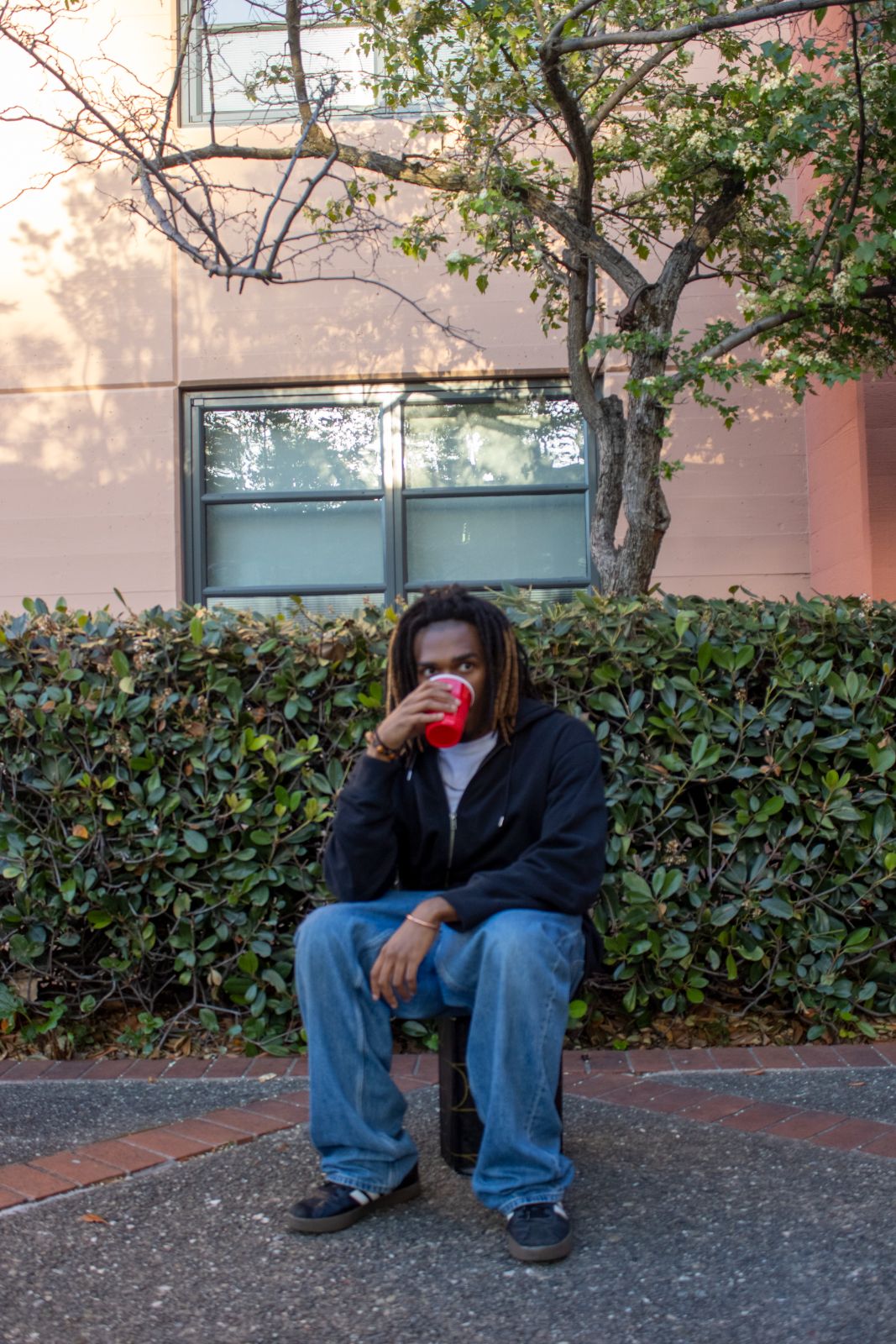 A man perched on a Street Seat drinking from a red cup, alone in front of a hedge