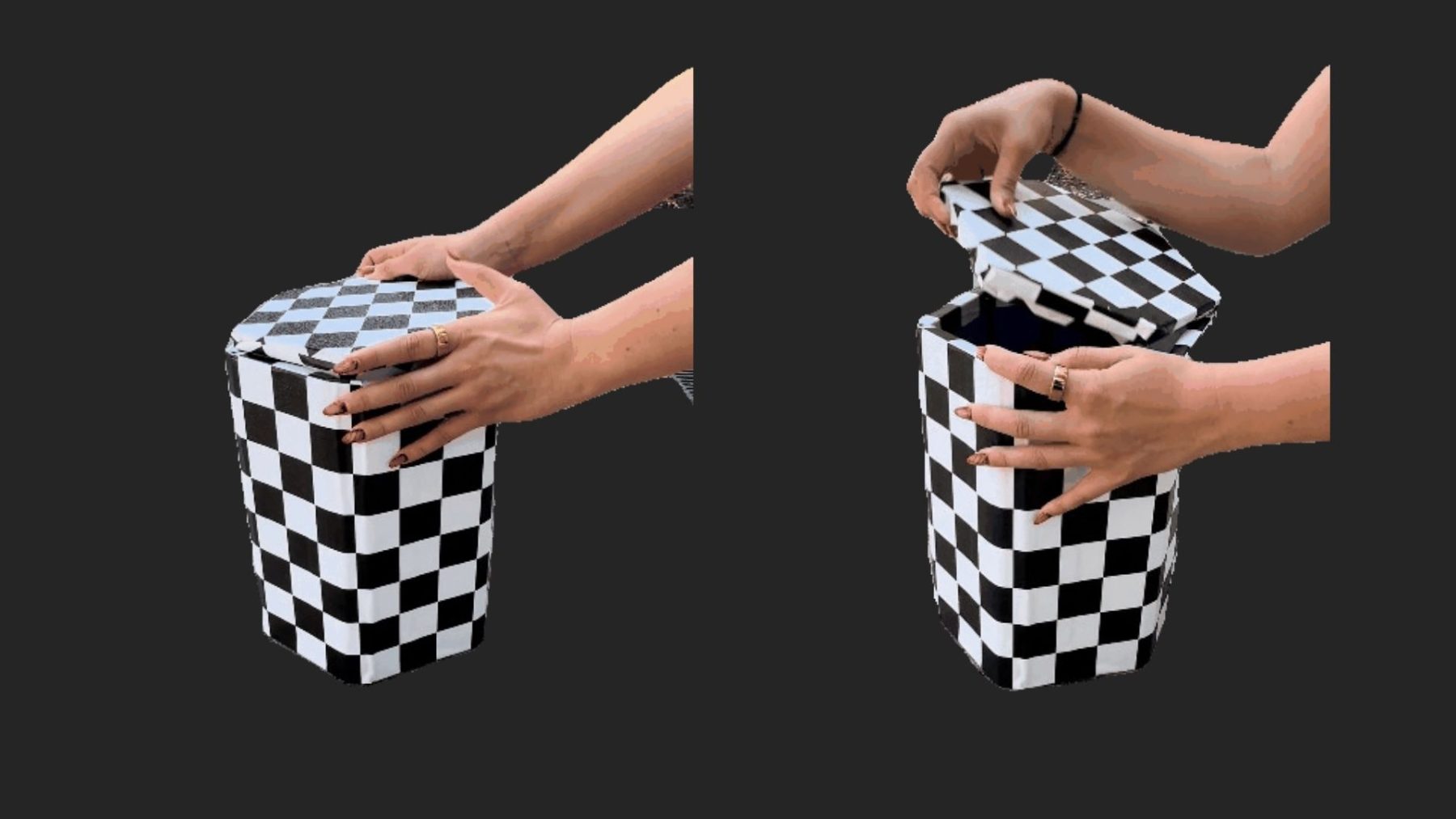 Side-by-side view of the Street Seat closed and opened, hands lifting the lid